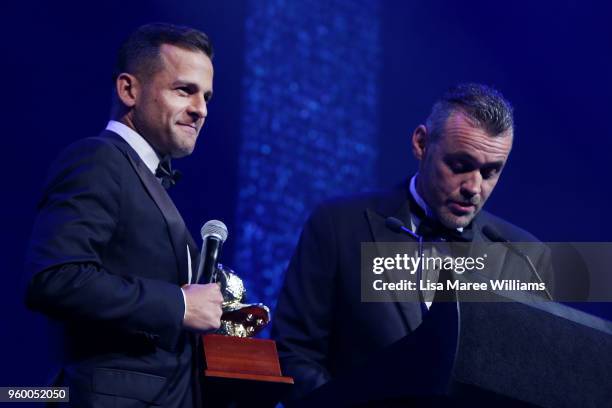 Bobo receives the Golden Boot award during the Sydney FC Sky Ball at The Star on May 19, 2018 in Sydney, Australia.