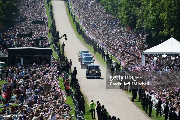 Ms. Meghan Markle's car makes it's way down The Long Walk during the wedding of Prince Harry Harry to Ms. Meghan Markle at Cambridge Gate on May 19,...