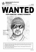 Wanted poster with drawing of a man with hat and sunglasses