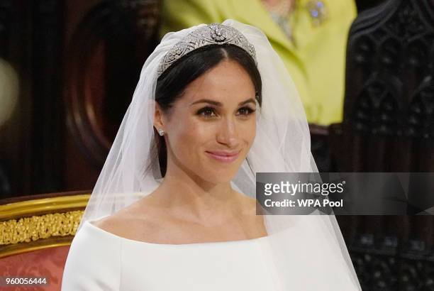 Meghan Markle stands at the altar during her wedding in St George's Chapel at Windsor Castle on May 19, 2018 in Windsor, England.