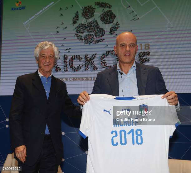 Gianni Rivera and ENI Ceo Claudio Descalzi pose during the Italian Football Federation 'KickOff' seminar at 'centro tecnico federale di Coverciano'...