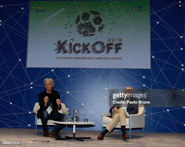 Riccardo Luna and ENI Ceo Claudio Descalzi attend the Italian Football Federation 'KickOff' seminar at 'centro tecnico federale di Coverciano' on May...