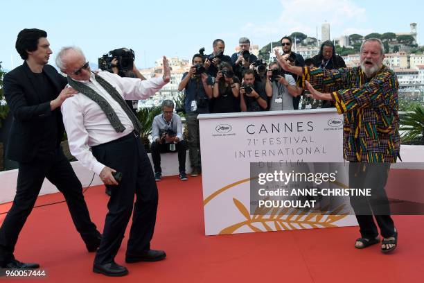 Actor Adam Driver, British actor Jonathan Pryce and British-US director Terry Gilliam pose on May 19, 2018 during a photocall for the film "The Man...