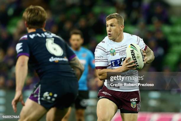 Trent Hodkinson of the Manly Sea Eagles runs during the round 11 NRL match between the Melbourne Storm and the Manly Sea Eagles at AAMI Park on May...