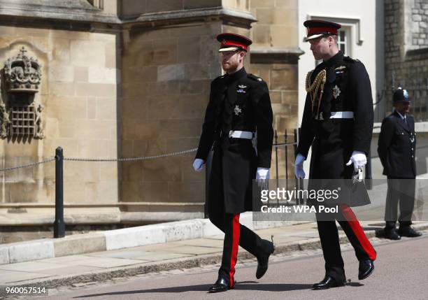 Prince Harry walks with his best man Prince William, Duke of Cambridge, as they arrive at St George's Chapel at Windsor Castle for the wedding of...