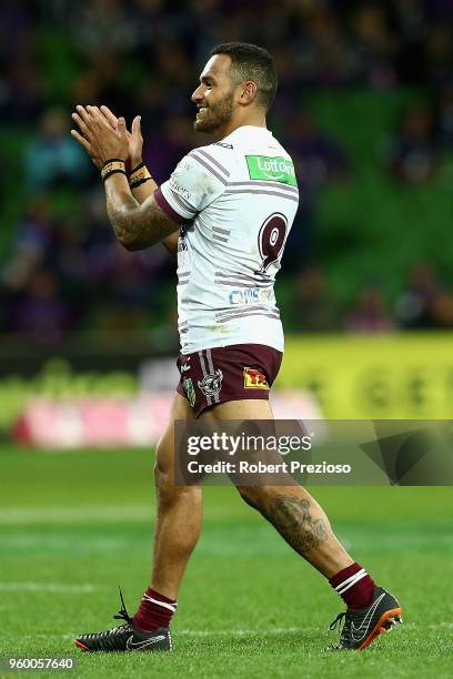 Apisai Koroisau of the Manly Sea Eagles is sent off during the round 11 NRL match between the Melbourne Storm and the Manly Sea Eagles at AAMI Park...