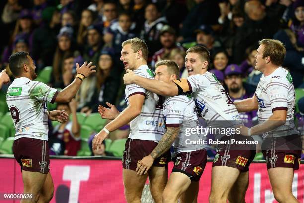 Tom Trbojevic of the Manly Sea Eagles celebrates a try during the round 11 NRL match between the Melbourne Storm and the Manly Sea Eagles at AAMI...