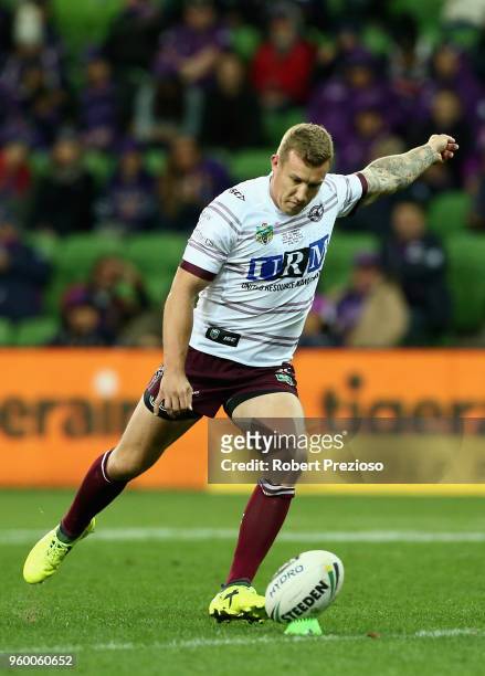 Trent Hodkinson of the Manly Sea Eagles kicks during the round 11 NRL match between the Melbourne Storm and the Manly Sea Eagles at AAMI Park on May...