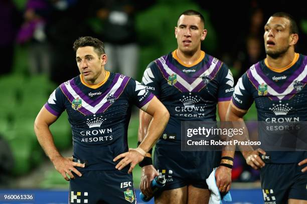 Billy Slater of the Melbourne Storm looks on during the round 11 NRL match between the Melbourne Storm and the Manly Sea Eagles at AAMI Park on May...