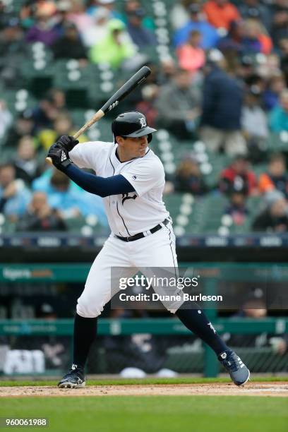 Mikie Mahtook of the Detroit Tigers bats against the Seattle Mariners during game one of a doubleheader against the Seattle Mariners at Comerica Park...