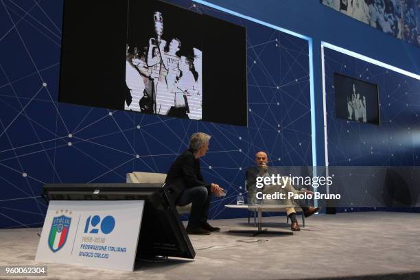 Riccardo Luna and ENI Ceo Claudio Descalzi attend the Italian Football Federation 'KickOff' seminar at 'centro tecnico federale di Coverciano' on May...