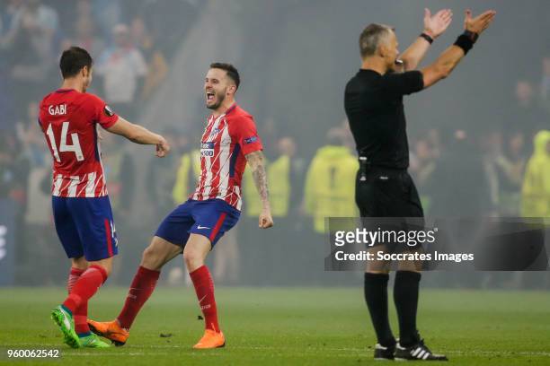 Gabi of Atletico Madrid, Saul Niguez of Atletico Madrid, celebrate the victory after the game during the UEFA Europa League match between Olympique...