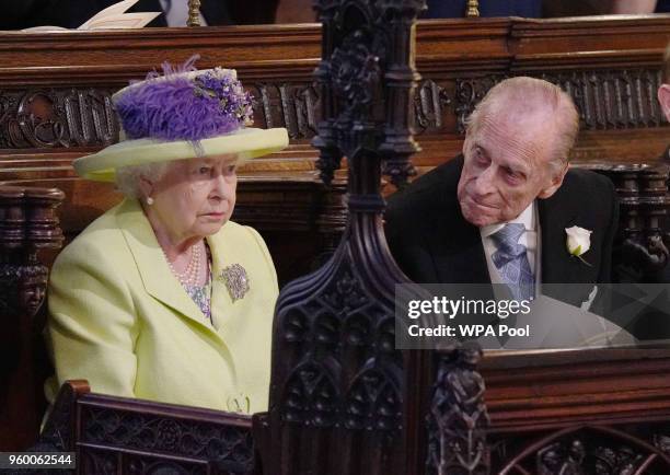 Queen Elizabeth II and Prince Philip, Duke of Edinburgh attend the wedding of Prince Harry to Meghan Markle at St George's Chapel at Windsor Castle...