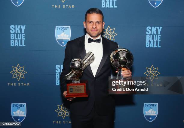 Bobo poses with his HAL Golden Boot and Player of Year Awards at the Sydney FC Sky Blue Ball on May 19, 2018 in Sydney, Australia.