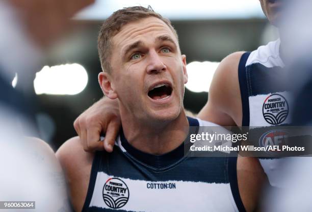 Joel Selwood of the Cats speaks with his players during the 2018 AFL round nine match between the Essendon Bombers and the Geelong Cats at the...