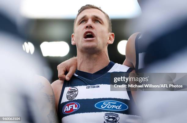 Joel Selwood of the Cats speaks with his players during the 2018 AFL round nine match between the Essendon Bombers and the Geelong Cats at the...