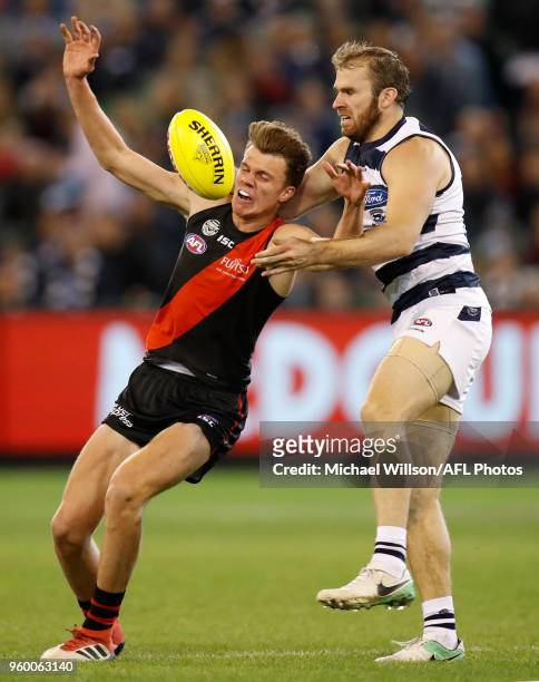 Jordan Ridley of the Bombers and Stewart Crameri of the Cats compete for the ball during the 2018 AFL round nine match between the Essendon Bombers...
