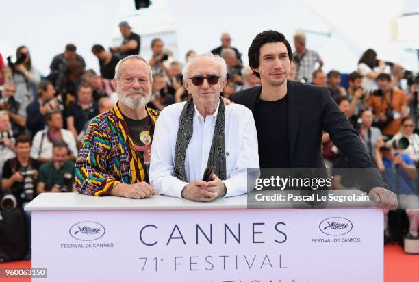 British-US director Terry Gilliam, British actor Jonathan Pryce and US actor Adam Driver attends "The Man Who Killed Don Quixote" Photocall during...
