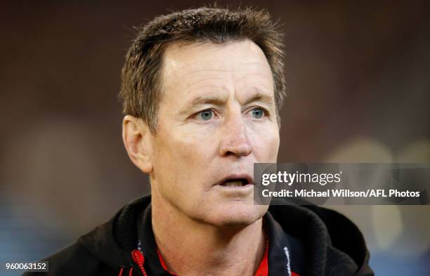 John Worsfold, Senior Coach of the Bombers is seen during the 2018 AFL round nine match between the Essendon Bombers and the Geelong Cats at the...