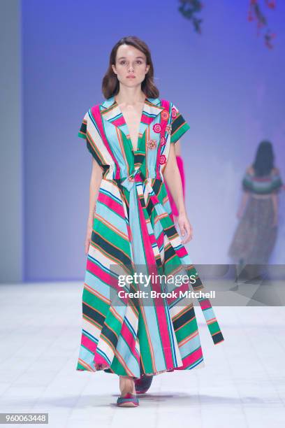 Model walks the runway during theResort Review show at Mercedes-Benz Fashion Week Australia - Weekend Edition at Carriageworks on May 19, 2018 in...