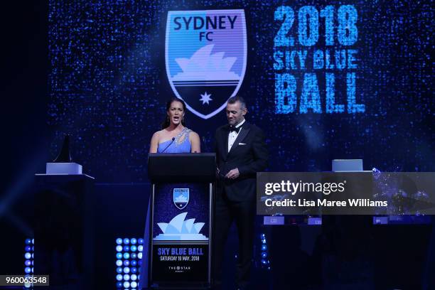 Hosts Stephanie Brantz and Simon Hill speak during the Sydney FC Sky Blue Ball on May 19, 2018 at The Star in Sydney, Australia.