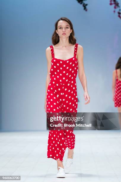 Model walks the runway during theResort Review show at Mercedes-Benz Fashion Week Australia - Weekend Edition at Carriageworks on May 19, 2018 in...