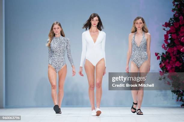 Model walks the runway during theResort Review show at Mercedes-Benz Fashion Week Australia - Weekend Edition at Carriageworks on May 19, 2018 in...