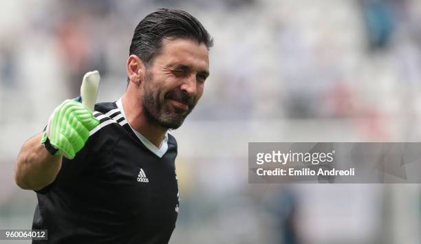 Gianluigi Buffon of Juventus FC greets the fans in his last match for the club prior to the serie A match between Juventus and Hellas Verona FC at...