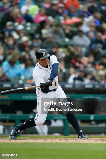 Mikie Mahtook of the Detroit Tigers bats against the Seattle Mariners during game one of a doubleheader at Comerica Park on May 12, 2018 in Detroit,...