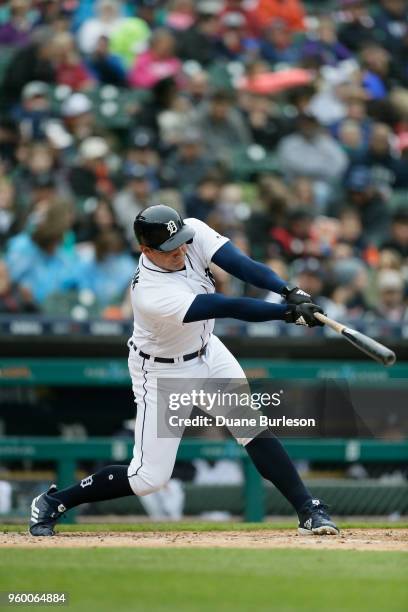 Mikie Mahtook of the Detroit Tigers bats against the Seattle Mariners during game one of a doubleheader at Comerica Park on May 12, 2018 in Detroit,...