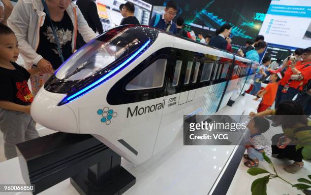 Straddle monorail train is on display at World Intelligence Expo as part of the 2nd World Intelligence Congress on May 19, 2018 in Tianjin, China....