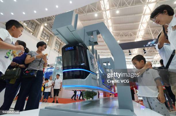 Suspended monorail train is on display at World Intelligence Expo as part of the 2nd World Intelligence Congress on May 19, 2018 in Tianjin, China....