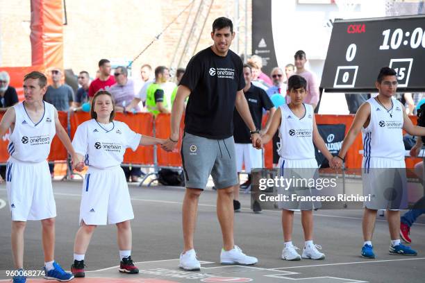 Ahmet Duverioglu, #44 of Fenerbahce Dogus Istanbul during the 2018 Turkish Airlines EuroLeague F4 One Team Session with Special Olympics at...