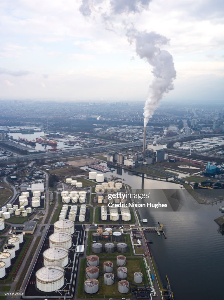 Aerial flying over Amsterdam industrial area