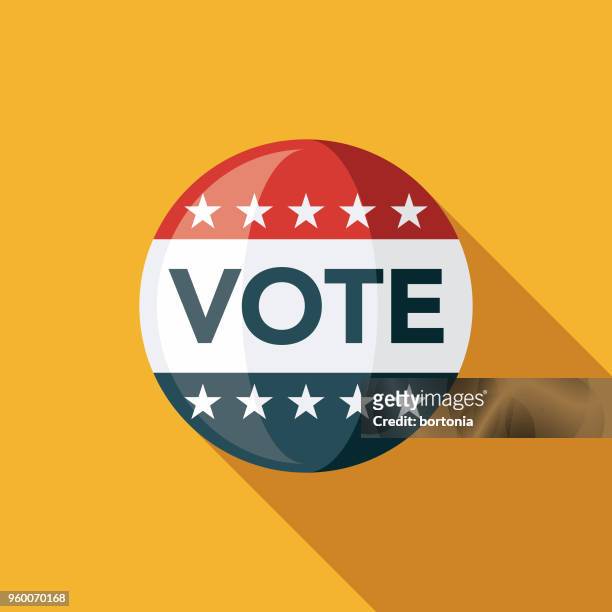 illustrazioni stock, clip art, cartoni animati e icone di tendenza di icona elezioni di progettazione piatta pulsante voto con ombreggiatura laterale - spilla di campagna politica