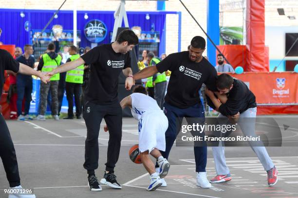 Kyle Hines, #42 of CSKA Moscow and Santiago Yusta, #16 of Real Madrid during the 2018 Turkish Airlines EuroLeague F4 One Team Session with Special...