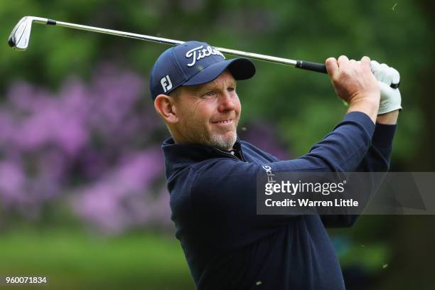 Stephen Gallacher of Scotland plays his fourth shot onto the 10ths green during the knockout stage on day three of the Belgian Knockout at Rinkven...