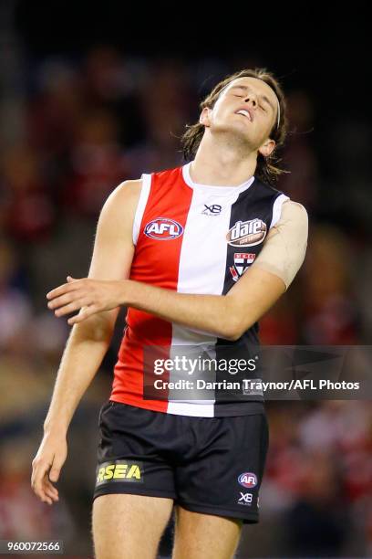 Hunter Clark of the Saints reacts after missing a goal during the round nine AFL match between the St Kilda Saints and the Collingwood Magpies at...