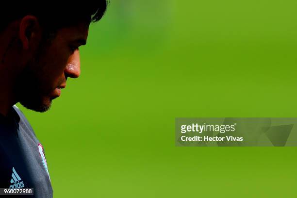 Javier Aquino of Mexico looks on during the Mexico National Team training session at CAR on May 17, 2018 in Mexico City, Mexico.