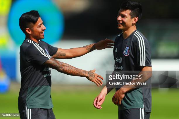 Javier Aquino and Hirving Lozano of Mexico joke during the Mexico National Team training session at CAR on May 17, 2018 in Mexico City, Mexico.