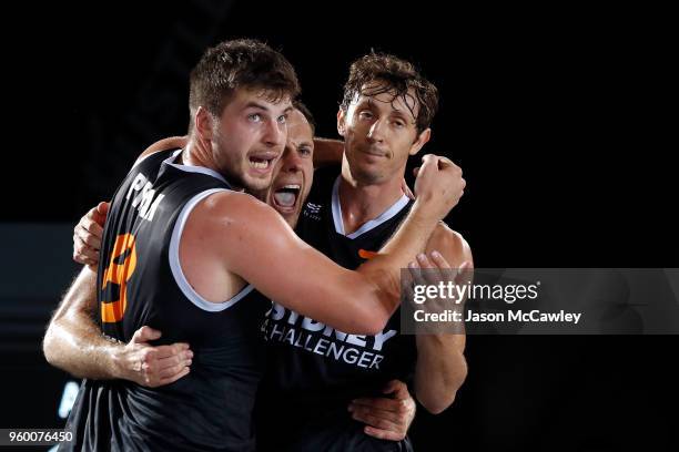 Prian celebrate winning their semi final against Amsterdam Inoxdeals during Sydney FIBA 3x3 World Challenger event hosted by the NBL held at the...