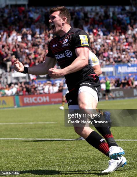 Ben Spencer of Saracens celebrates after scoring his sides sixth try during the Aviva Premiership Semi-Final match between Saracens and Wasps at...