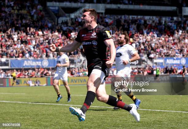 Ben Spencer of Saracens celebrates after scoring his sides sixth try during the Aviva Premiership Semi-Final match between Saracens and Wasps at...