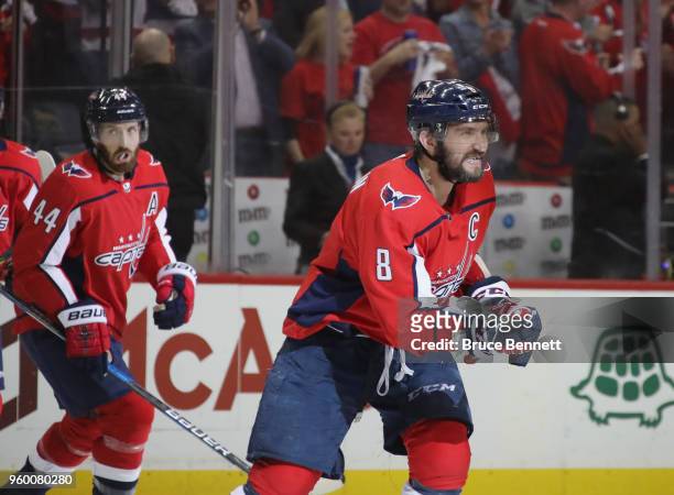 Alex Ovechkin of the Washington Capitals celebrates a Caps goal against the Tampa Bay Lightning in Game Four of the Eastern Conference Finals during...