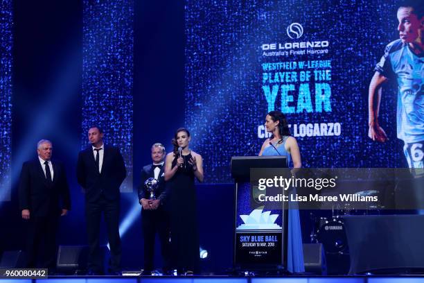 Chloe Logarzo receives the De Lorenzo Westfield W-League Player of the Year Award during the Sydney FC Sky Blue Ball on May 19, 2018 at The Star in...