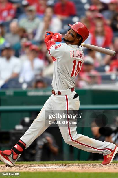 Pedro Florimon of the Philadelphia Phillies bats against the Washington Nationals at Nationals Park on May 6, 2018 in Washington, DC.