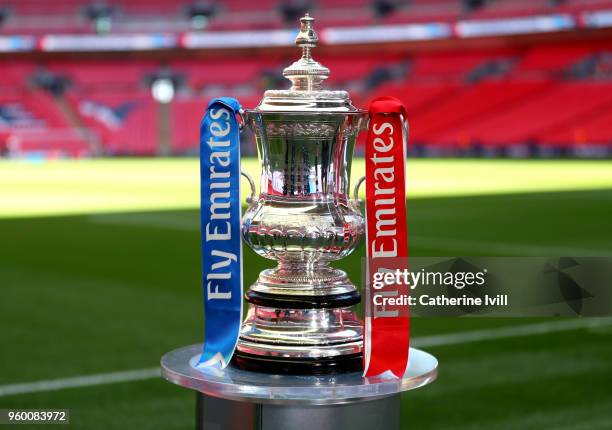 Detailed view of the Emirates FA Cup Trophy prior to The Emirates FA Cup Final between Chelsea and Manchester United at Wembley Stadium on May 19,...
