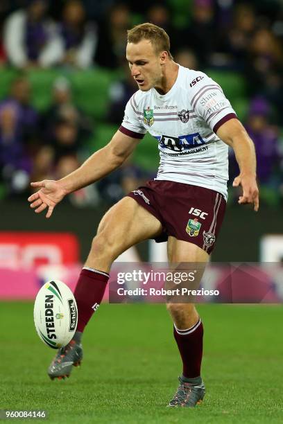 Daly Cherry-Evans of the Manly Sea Eagles kicks during the round 11 NRL match between the Melbourne Storm and the Manly Sea Eagles at AAMI Park on...