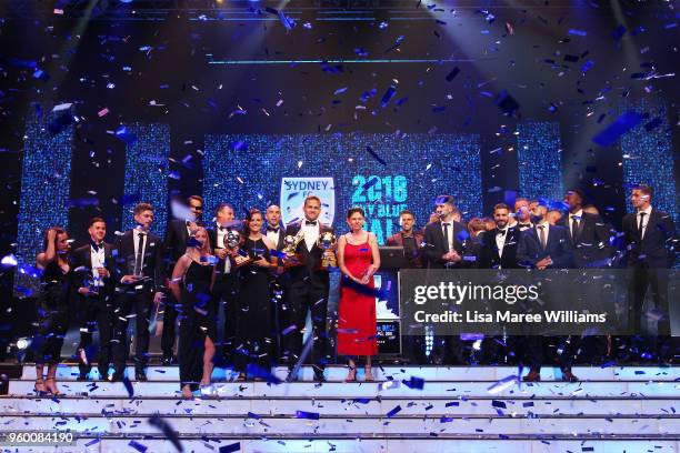 Awards winners appear on stage during the Sydney FC Sky Blue Ball on May 19, 2018 at The Star in Sydney, Australia.