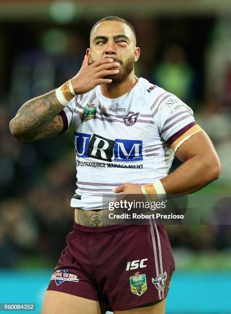 Dylan Walker of the Manly Sea Eagles is sent off during the round 11 NRL match between the Melbourne Storm and the Manly Sea Eagles at AAMI Park on...